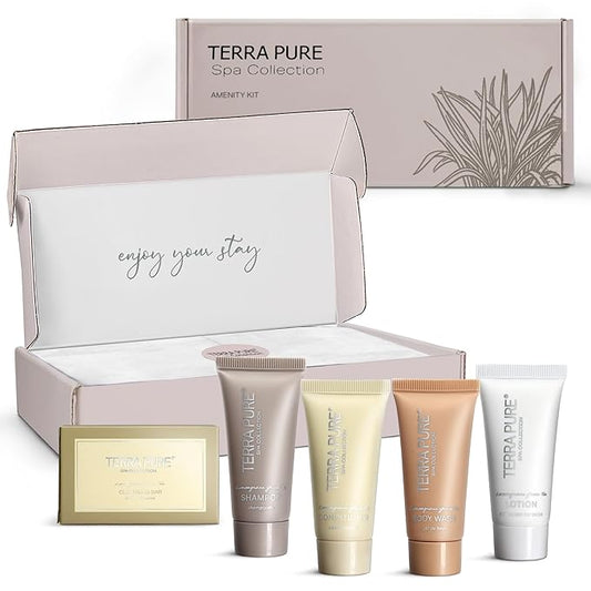 Terra Pure Spa Collection Amenity Kit | Hotel Toiletries | Bulk Set 0.85 oz Travel Size Shampoo,Conditioner, Lotion, Body Wash & Massage Bar for Guest Hospitality AirBnB/Vacation Rentals |1 set/ case-VivaGrace Women