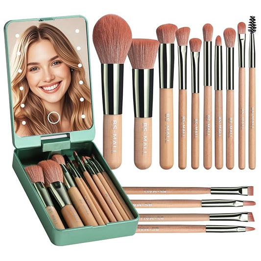 BS-MALL Travel Makeup Brush Set Foundation Powder Concealers Eye Shadows Makeup Set with LED light Mirror 14 Pcs (Green)-VivaGrace Women