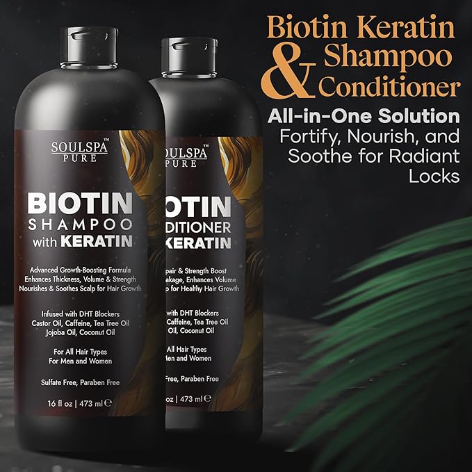 Biotin Shampoo and Conditioner Set with Keratin - Sulfate-Free Advanced Anti-Thinning, Hair Growth Shampoo and Conditioner Combo Repair Formula - with DHT Blockers, for Men & Women - 16 fl oz each-VivaGrace Women