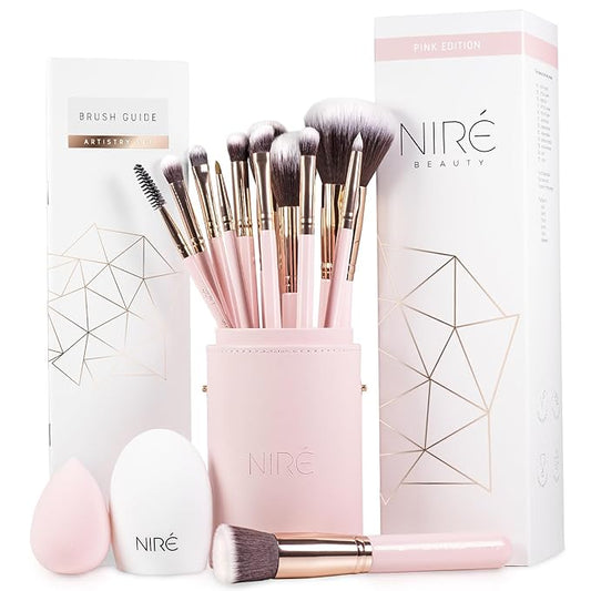 Niré Beauty 15piece Award Winning Pink Makeup Brushes: Pink Makeup Brush Set with Case, Makeup Sponge, Brush Cleaner, Guide, Gift Box-VivaGrace Women