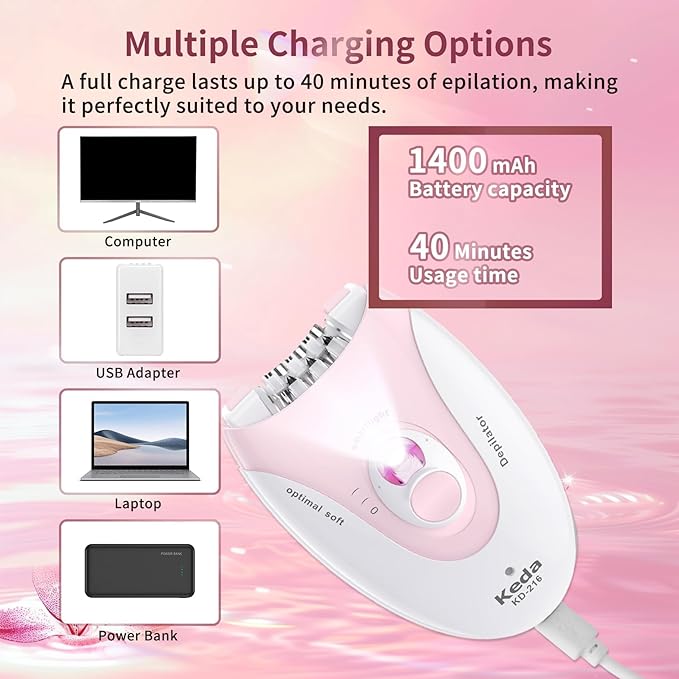 Smooth Glide Epilators Hair Removal for Women, 2 Speed Hair Removal Device with LED Light, Portable Rechargeable Face Epilator, Epilator for Women Face, Bikini, Arm, Legs, Armpits-VivaGrace Women