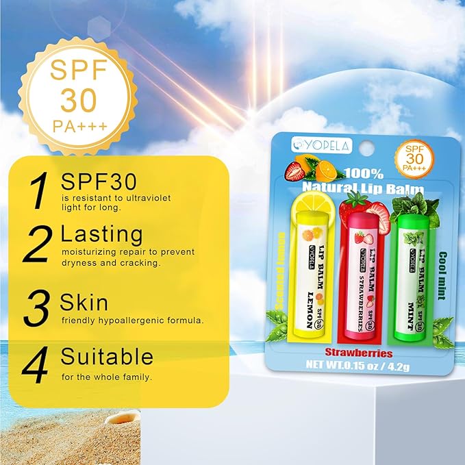 3 Pack SPF Lip Balm Bulk - SPF 30 SunGuard Lip Balm Sunscreen- Summer Protection for Lasting Hydration UV Defense Prevents and Soothes Dry, Chapped Lips-3 Delicious Flavors-VivaGrace Women