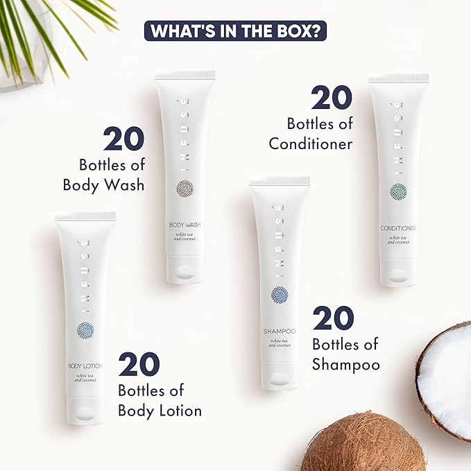 Infuse White Tea & Coconut Hotel Toiletries Bulk Set | 1-Shoppe Amenities Kit | 1oz Shampoo & Conditioner, Body Wash, Lotion | Travel Size | 80 Pieces-VivaGrace Women