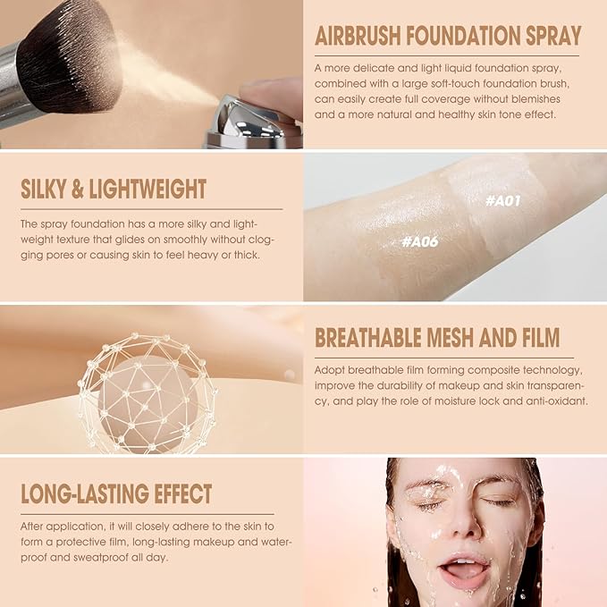 AirBrush Foundation Spray, Silky Mist Foundation Spray Makeup Set with Brush, Full Coverage Foundation for Smooth Radiant Finish, Formula Breathable Lightweight Hydrating | #A06 Pearl-VivaGrace Women