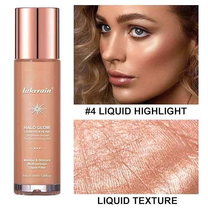 Natural Glow Liquid Filter Makeup, Longwear Face Luminizer, Complexion Booster For Any Part of the Body, Liquid Highlighter with Brush Kit, Infused Hyaluronic Acid, 1.06 fl oz (#04 MEDIUM)-VivaGrace Women