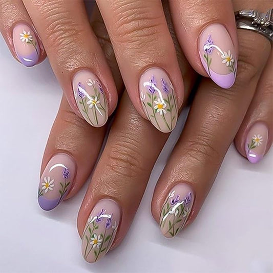Flower Daisy Press on Nails Short Square False Nails with Purple French Tips Design Lavender Fake Nails Spring Stick on Nails Glossy Reusable Summer Glue on Nails for Women Girls Manicure 24Pcs