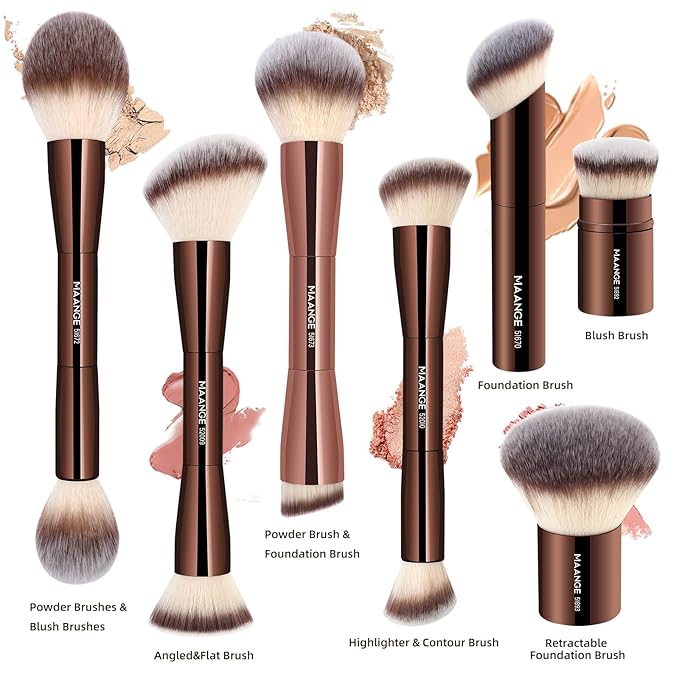 MAANGE 7pcs Makeup Brush Set Double Sided Kabuki Makeup Brushes Contour Brush for Foundation Liquid Powder Concealer Cream Cosmetics Bronzer Blending Blush Buffing Makeup Tools (Coffee)-VivaGrace Women