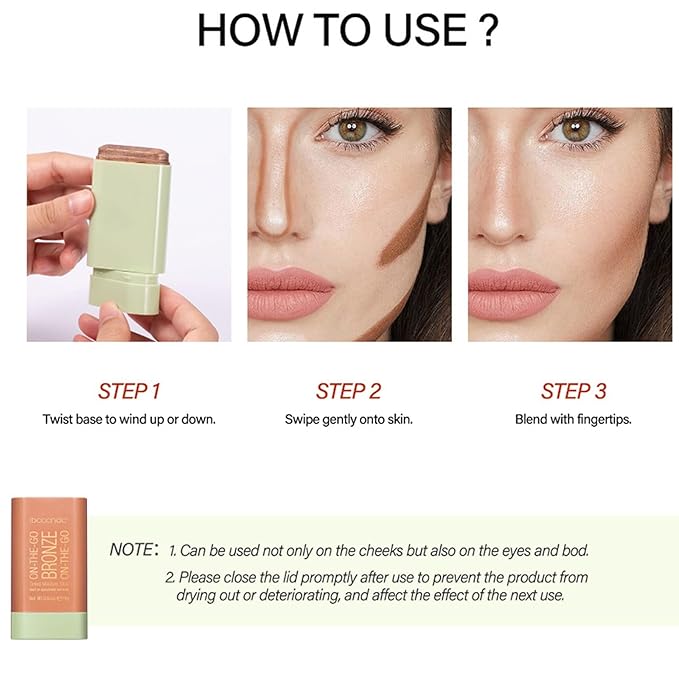 On-The-Go Bronzer Stick,Multi-Use Cream Contour Stick,Natural Long Lasting Face Bronzer,Smooth Highlighter Contour Stick,Bronze Contour Makeup Facial Shaping,02 Soft Glow-VivaGrace Women