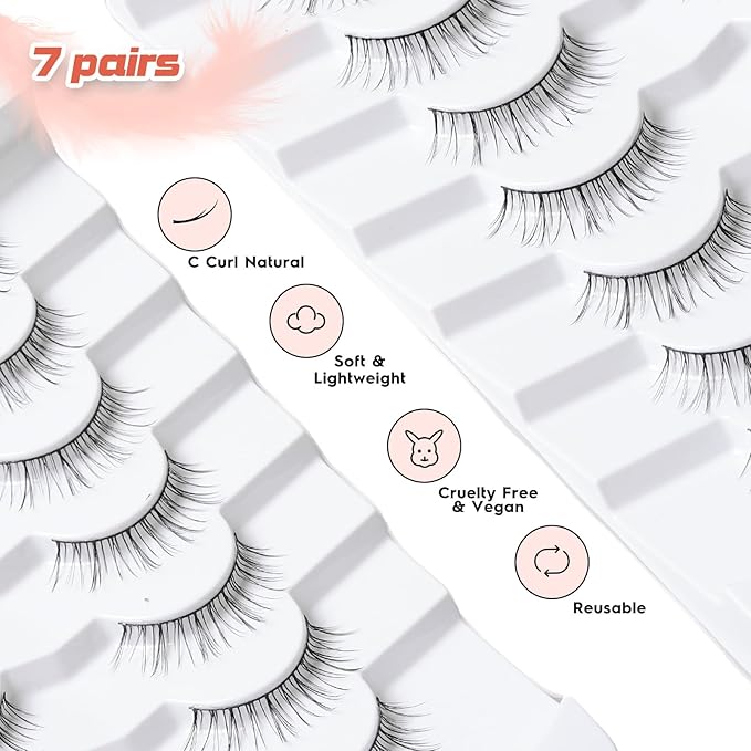Lashes Short Eyelashes 10MM Natural Lashes Wispy Thin Band Strip Lashes Short Eyelashes Natural Look 3D Volume Lashes 7 Pair Fake Lashes Siligli-VivaGrace Women