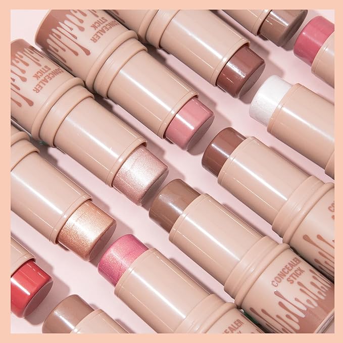 3Pcs Cream Contour Stick, with Highlighter Stick Milk Bronzer Stick Blush Stick, Face Contour Stick Highlighter Makeup with Makeup Brush and Sponge, Easy to Sculpt the Face, Long Lasting-VivaGrace Women