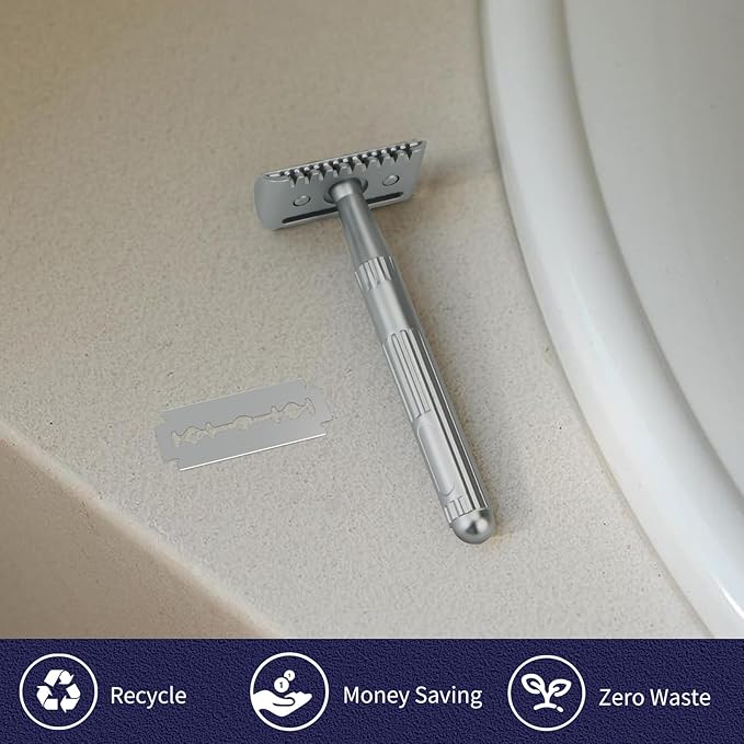 Matte Silver Double Edge Safety Razor, Single Blade Razors for Men and Women, with 10 Stainless Steel Safety Razor Blades, Reusable, Smooth and Close Wet Shaving Kit, Plastic Free-VivaGrace Women