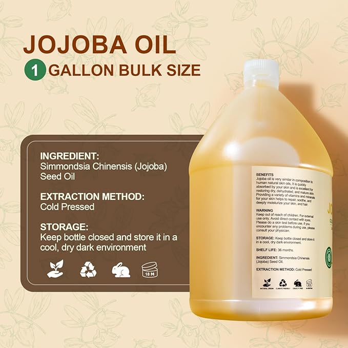 Yoken 1 Gallon Jojoba Oil EWG Verified - 100% Pure Jojoba Oils Bulk Cold Pressed Unrefined Hexane Free Virgin Golden jojoba Carrier Oil for Hair Skin Massage DIY Natural Body Moisturizer-VivaGrace Women