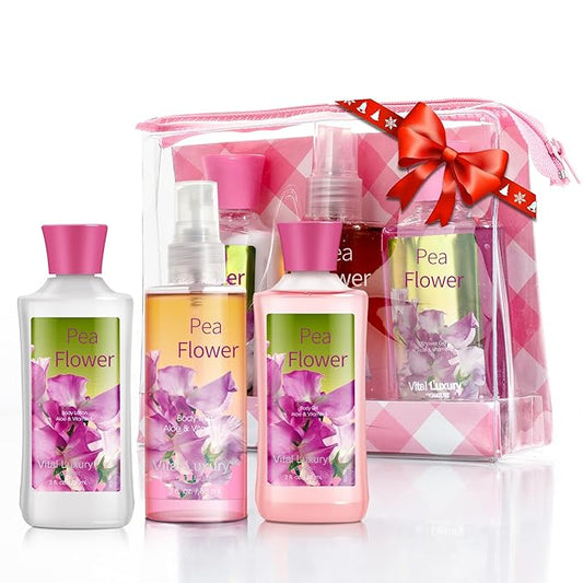Bath & Body Care Travel Set Pea Flower Scent Home Spa Set with Body Lotion, Shower Gel and Fragrance Mist, Christmas Gifts for Her and Him-VivaGrace Women