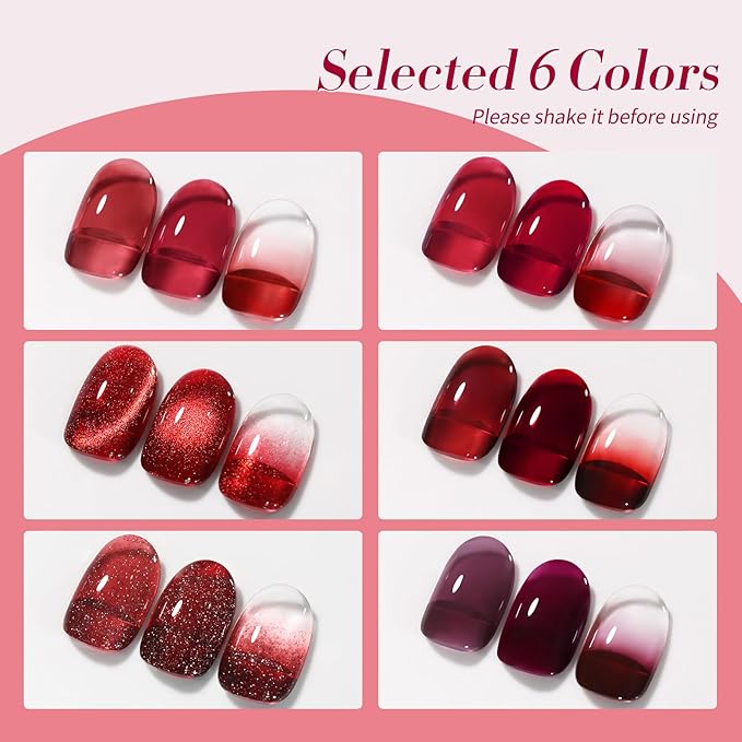 Born Pretty Jelly Burgundy Gel Nail Polish Ruby Red Glitter Cat Magnetic Eye Gel Nail Polish Fall Winter Blood Cherry Wine Red Gel Polish Glitter Soak Off Nail Art Salon Manicure Home Gift 7ml 6pcs-VivaGrace Women