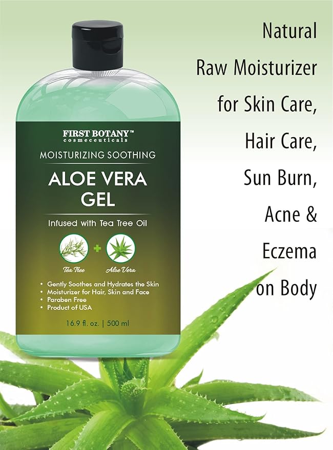 First Botany, Aloe Vera Gel from 100 Percent Pure Aloe Infused with Tea Tree Oil - Natural Raw Moisturizer for Hand Sanitizing Gel, Skin Care, Hair Care, Sunburn, Acne & Eczema -16.9 fl oz | 500 ml-VivaGrace Women