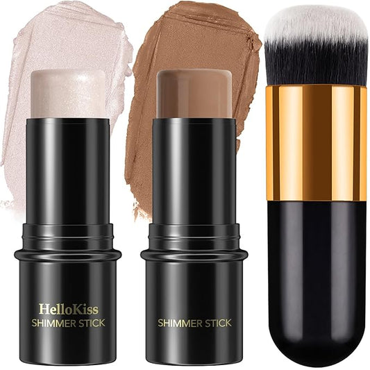 2Pcs Cream Contour Stick Makeup Kit, Cream Highlighter Stick and Bronzer Contour Stick with Longwear Waterproof Formula for Brightening and Trimming the Cheeks, Makeup Brush Include (#01, 10)-VivaGrace Women