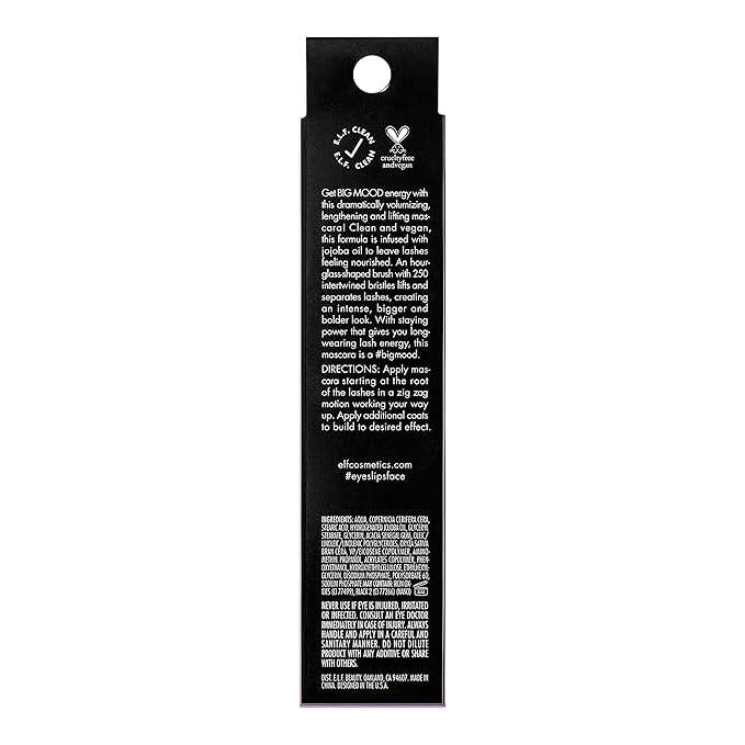 e.l.f. Big Mood Mascara, Instantly Creates Long-Lasting, Bold & Lifted, Voluminous Lashes, Infused with Jojoba Wax, Pitch Black, 0.30 fl Oz