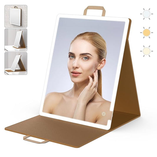 WEILY Portable Makeup Mirror with Lights, Touchable Three Colors Dimmable Lighted Makeup Mirror, 2000 mAh Type-C Rechargeable Vanity Mirror, Portable Hollywood Hanging Detachable Mirror (Khaki)