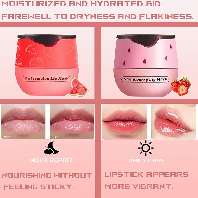 3PCS Bee Lip Balm Honey Pot, Exfoliating Strawberry Cherry Watermelon Bee Lip Balm Sleeping Lip Mask Overnight with Sticks, Honey Pot Lip Balm Prevention Dry Hydrating and Crack Lip Scrubs-VivaGrace Women