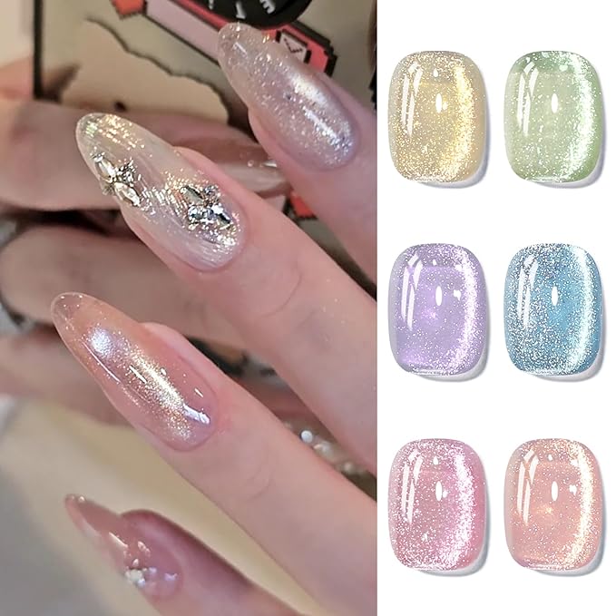 Born Pretty Cat Magnetic Eye Gel Nail Polish Spring Summer Pastel Shimmer Glitter Holographic Cat Magnetic Eye Gel Crystal Glass Cat Magnetic Gel Polish Manicure Nail Art DIY at Home 6PCS-VivaGrace Women