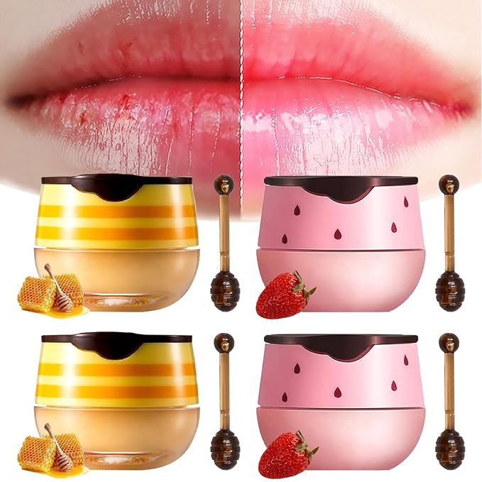 4PCS Lip Balm Honey Pot, Honey Pot Lip Balm for Dry Cracked Lips, Strawberry Lip Balm Scrubs Exfoliator & Moisturizer, Hydrating Lip Balm Honey Pot with Wand, Lip Sleeping Mask (D)-VivaGrace Women