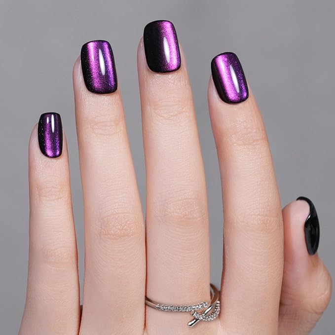 Cat Eye Press on Nails Short, Jofay Fashion Stylish Purple Square Press on Nails, Soft Gel Fake Nails, Reusable & Natural Acrylic False Nails, Stick on Nails for Women Gift, Glue on Nails Kit 32 Pcs