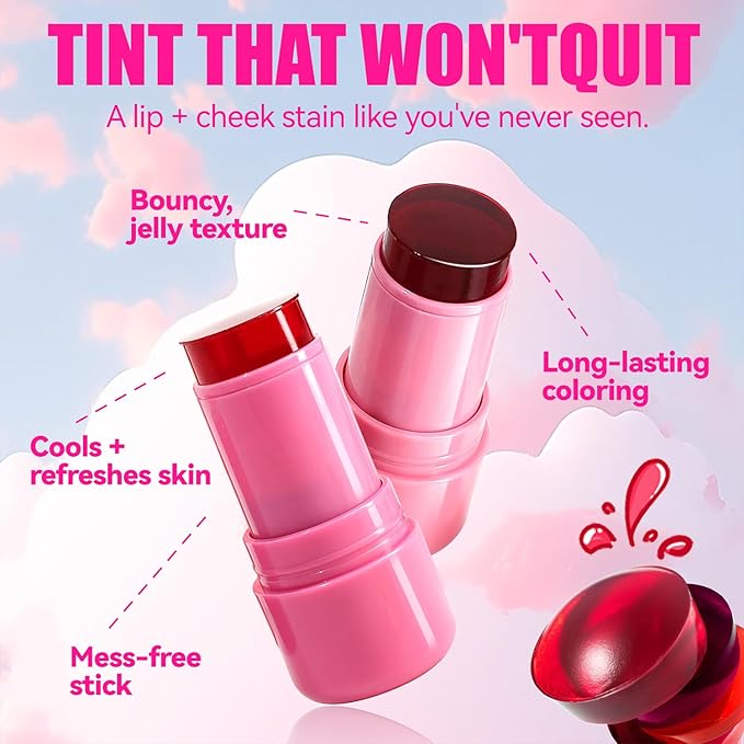 Cooling Water Jelly Tint,Jelly Blush Stick,Long Lasting Milk Jelly Blush Stick-1,000+ Swipes Per Stick,Jelly Texture Moisturising,Buildable Watercolor Finish (B, S)-VivaGrace Women