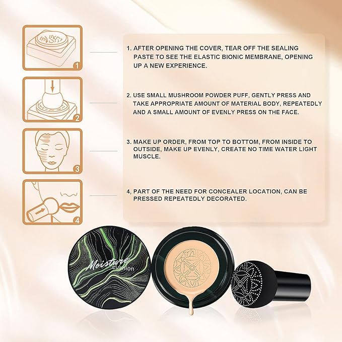 Mushroom Head Air Cushion CC Cream BB Cream Makeup Foundation Moisturizing Concealer Long Lasting Full Coverage Waterproof Foundation Makeup Even Skin Tone Makeup Base Primer (Buff Beige)-VivaGrace Women