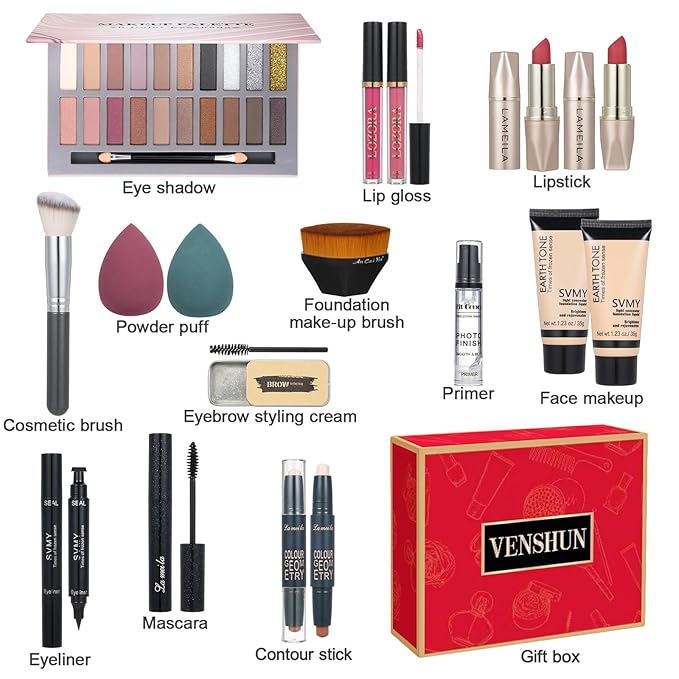 All in One Makeup Kit for Women Full Kit Includes Palette Foundation & Face Primer, Makeup Brush Makeup Sponge, Eyebrow Soap, Winged Eyeliner Stamp 20 Colors Eyeshadow Gift Set for Women, Girls & Teen-VivaGrace Women