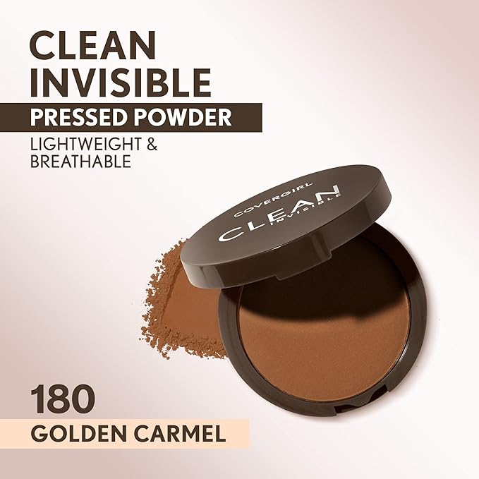 Covergirl Clean Invisible Pressed Powder, Lightweight, Breathable, Vegan Formula, Golden Caramel 180, 0.38oz-VivaGrace Women