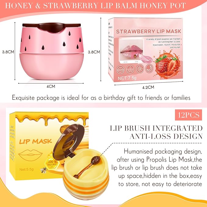 12 Pcs Bee Lip Balm Honey Pot with Brush Propolis Lip Mask Overnight, Moisturizing Hydrating Lip Sleeping Mask Prevention Dry and Cracked(Honey+Strawberry)-VivaGrace Women