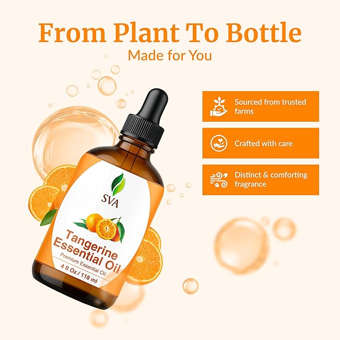 SVA Tangerine Essential Oil – 4 Fl Oz – 100% Natural Tangerine Oil - for Diffuser, Hair Care, Face, Skin Care, Aromatherapy, Scalp and Body Massage, Soap and Candle Making – with Dropper-VivaGrace Women