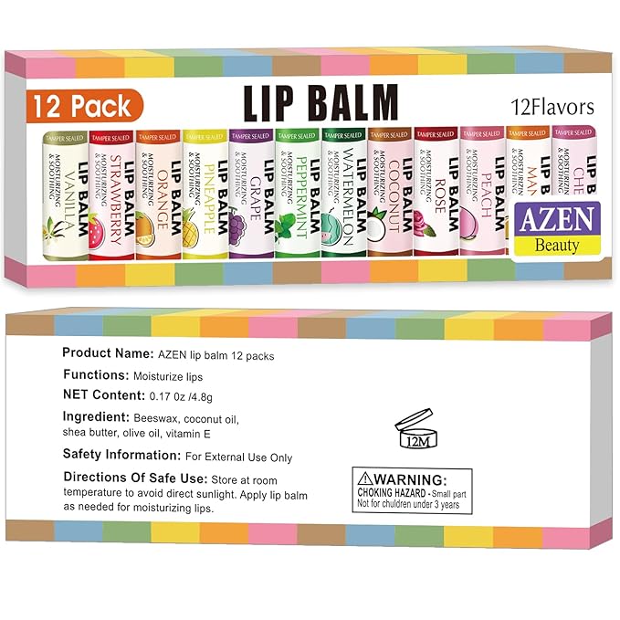 AZEN 12 Pack Lip Balm, Natural Lip Balm Bulk, Lip Care Product, Moisturizing Lip Balm for dry cracked lips - 12 Flavors-VivaGrace Women