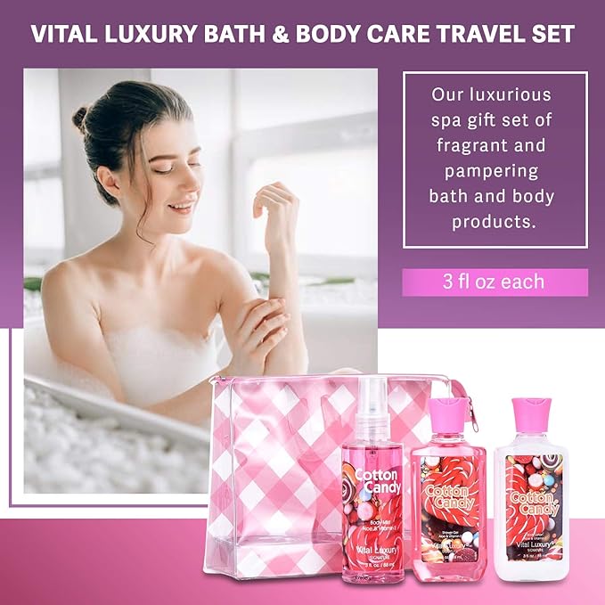 Bath & Body Care Travel Set - Home Spa Set with Body Lotion, Shower Gel and Fragrance Mist, Valentines Day Gifts for Her and Him(Cotton Candy)-VivaGrace Women