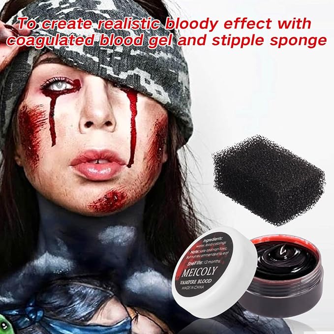 MEICOLY 7PCS Halloween Special Effects SFX Makeup Kit for Theatre Stage Performance,Scar Wax+Spatula Tool+Coagulated Blood+Black Stipple Sponges+White Sponges+Black Tooth Paint+Scar Wax Adhesive-VivaGrace Women