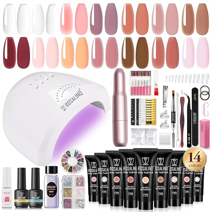 ROSALIND Poly Nail Gel Kit -14 Colors + 75 Nail Art Accessories Kit Nude Pink Series Poly Gel with Big Uv Light 48W and Electric Nail Drill Poly Nail Gel Starter Kit with Everything Gift-VivaGrace Women
