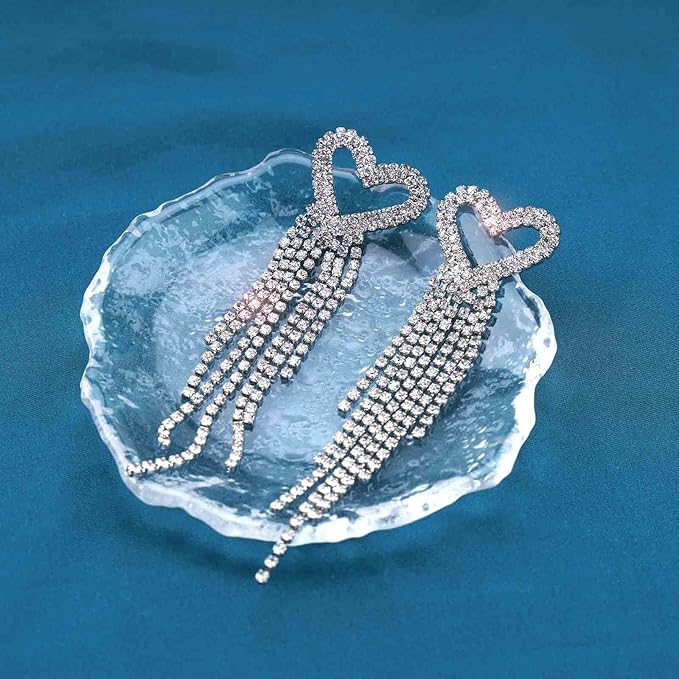 Boho Rhinestone Heart Tassel Earrings Long Tassel Chain Dangle Earrings Silver Crystal Cz Love Heart Studs Earrings Long Chandelier Dangle Earrings Wedding Cz Fringe Chain Earrings Jewelry for Women and Girls-VivaGrace Women