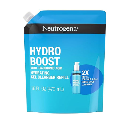 Neutrogena Hydro Boost Lightweight Hydrating Facial Cleansing Gel, Gentle Face Wash & Makeup Remover with Hyaluronic Acid, Hypoallergenic & Non Comedogenic, Refill Pouch, 16 fl. oz