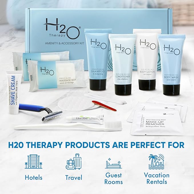 H2O Therapy Amenity & Accessory Kit | 0.85 oz Travel Size Shampoo, Conditioner, Lotion, Body Wash, Massage Bar, Cleansing Bar, Shave & Dental Sets, Make-Up Remover Wipes, & Vanity Kit | 15 sets/case-VivaGrace Women