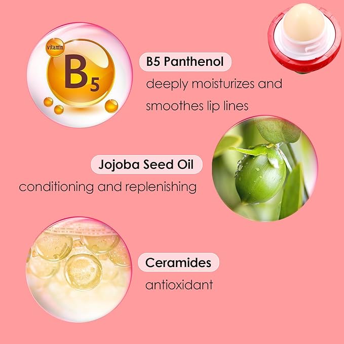 KISSIO Lip Balm,Strawberry Lip Balm,Lip Care with B5 Panthenol,Jojoba Seed Oil and Ceramide,Moisturize and Soothe Chapped Lips,Reduces Lines and Enhances Lip Elasticity,Cruelty Free,0.12 oz(02#)-VivaGrace Women