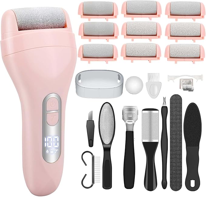 Electric Callus Remover for Feet - with 9pcs Larger Grinding Head, Portable Pedicure Kit Foot File Callus Remover, Rechargeable Waterproof Foot File for Foot Care Deadskin Remover LCD Display-Pink-VivaGrace Women