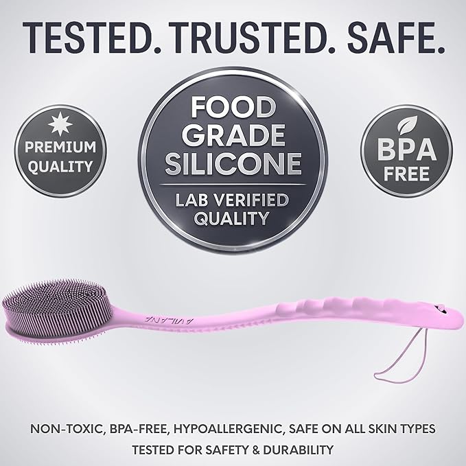 Avilana Silicone Body Scrubber – Gentle Shower Brush & Loofah Alternative- Food Grade & Lab Tested – Fast-Drying, Hygienic, BPA-Free Silicone Body Gentle Exfoliator (Pink, Long Handle)-VivaGrace Women