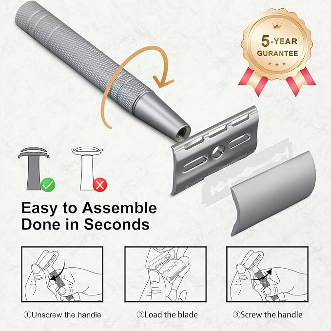Double Edge Safety Razor, Single Blade Razors for Men and Women, with 10 Double Edge Blades, Reusable Metal 1 Blade Razor, Eco-Friendly, Zero Waste, Smooth and Close Shave, Matte Silver-VivaGrace Women