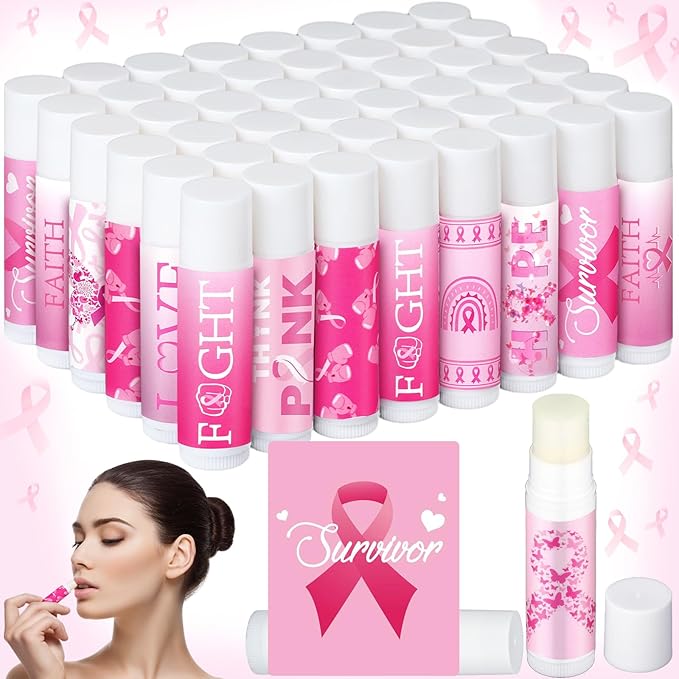 50 Pack Breast Cancer Awareness Favors Bulk Lip Balms Gifts Pink Ribbon Lip Balms Favors Breast Cancer Awareness Month Accessories Support Party Items Decorations for Women Men Survivors-VivaGrace Women