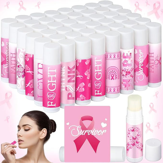 50 Pack Breast Cancer Awareness Favors Bulk Lip Balms Gifts Pink Ribbon Lip Balms Favors Breast Cancer Awareness Month Accessories Support Party Items Decorations for Women Men Survivors-VivaGrace Women