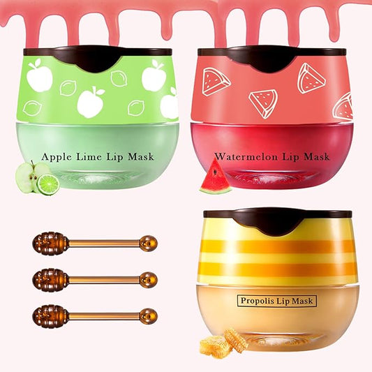 3PCS Bee Lip Balm Honey Pot Honey Watermelon Green Apple Lip Balm Lip Sleeping Mask Moisturizing Hydrating Bee Lip Balm Lip Care Products for All Skin Types (Honey Watermelon Green Apple)-VivaGrace Women