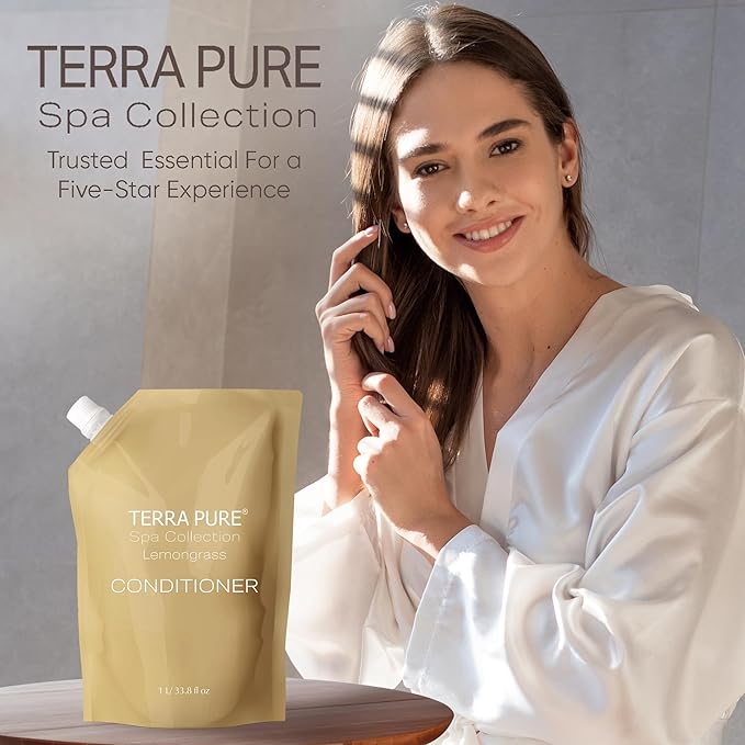 Terra Pure Spa Collection 1 Liter Conditioner Refill Bag For Soap Dispensers | Bulk Toiletries for Vacation Rentals, and Home Bathroom Showers | Green Tea Lemongrass | Single-VivaGrace Women