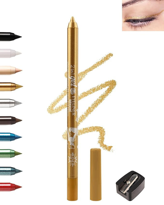 Gold Shimmer Eyeliner Pencil Gel, Sharpenable Multi-Use Longwear Colored Eye Liner Pen, Waterproof Smudge Resistant, Smooth Cream Eye Brightener Pencil Makeup Pen with Sharpener, Delineador De Ojos-04