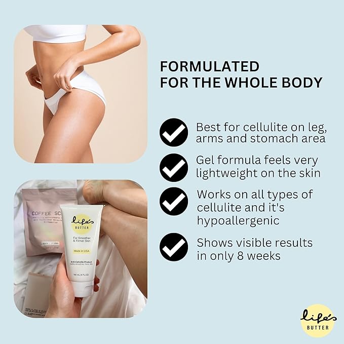 Life's Butter Anti-Cellulite Cream with L-Carnitine, Coenzyme Q10 | Skin Smoothening Natural Product | Fights Cellulite and Stretch Marks | 6 fl oz (Scent-Free) + Dry Brush-VivaGrace Women