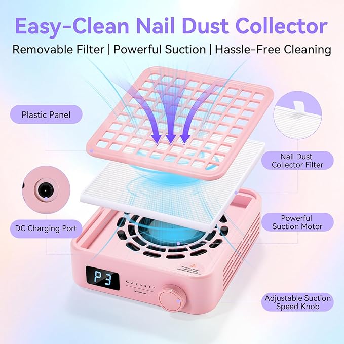 Makartt Professional Nail Dust Collector – Powerful Dust Collector Nail Tech Quite Suction Machine for Acrylic Nails Manicure & Pedicure Salon & Home Use Includes 10pcs Filters & Dust Brush Pink-VivaGrace Women